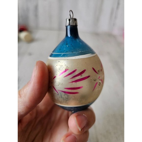 Antique Poland teardrop striped blue pink ornament Xmas Mercury glass tree - Picture 3 of 9